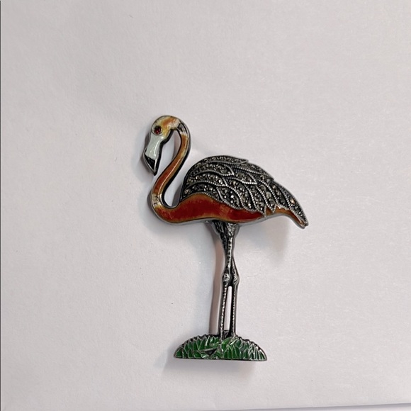 Jewelry - Vintage Sterling Silver Art Deco P. Enameled with Marcasite Flamingo Brooch.
